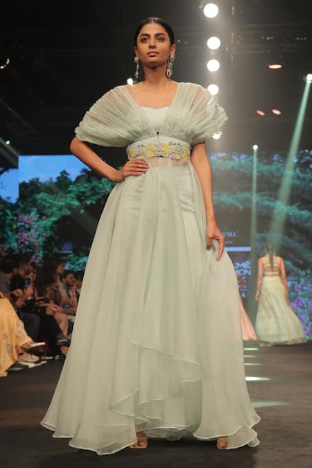 Keerthi Kadire_Green Raw Silk, Organza Floral Applique Tunic V-neck Pleated And Pant Set _Online_at_Aza_Fashions