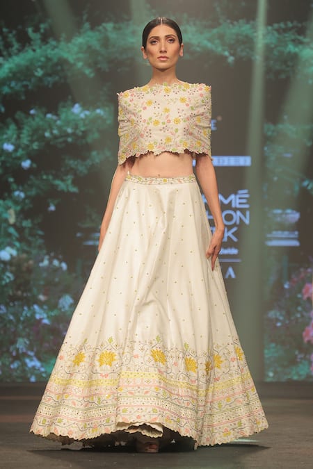Shop_Keerthi Kadire_White Raw Silk Floral Applique Straight Cape And Lehenga _at_Aza_Fashions