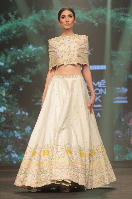 Keerthi Kadire_White Raw Silk Floral Applique Straight Cape And Lehenga _Online_at_Aza_Fashions