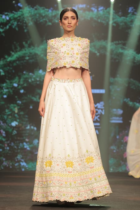 Buy_Keerthi Kadire_White Raw Silk Floral Applique Straight Cape And Lehenga _Online_at_Aza_Fashions