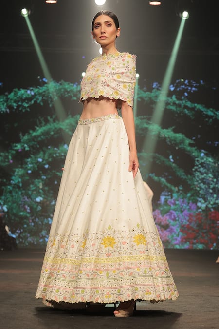 Shop_Keerthi Kadire_White Raw Silk Floral Applique Straight Cape And Lehenga _Online_at_Aza_Fashions
