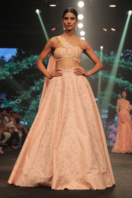 Shop_Keerthi Kadire_Peach Raw Silk And Chiffon Floral Applique One Draped Blouse & Lehenga Set _at_Aza_Fashions