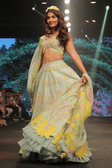Shop_Keerthi Kadire_Green Raw Silk, Organza Floral Applique V Neck Bridal Lehenga Set _at_Aza_Fashions