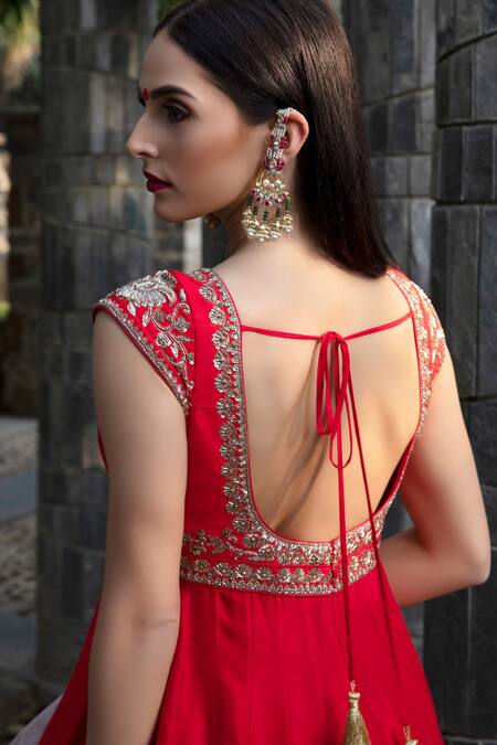 Keerthi Kadire Red Chanderi Scoop Neck Anarkali With Dupatta Online at Aza Fashions Keerthi Kadire_Red Chanderi Scoop Neck Anarkali With Dupatta _Online_at_Aza_Fashions