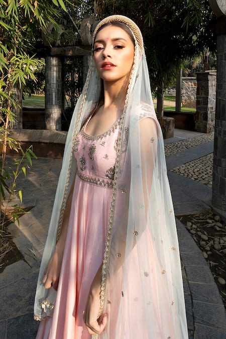 Shop Keerthi Kadire Peach Chanderi Scoop Neck Anarkali With Dupatta at Aza Fashions Shop_Keerthi Kadire_Peach Chanderi Scoop Neck Anarkali With Dupatta _at_Aza_Fashions