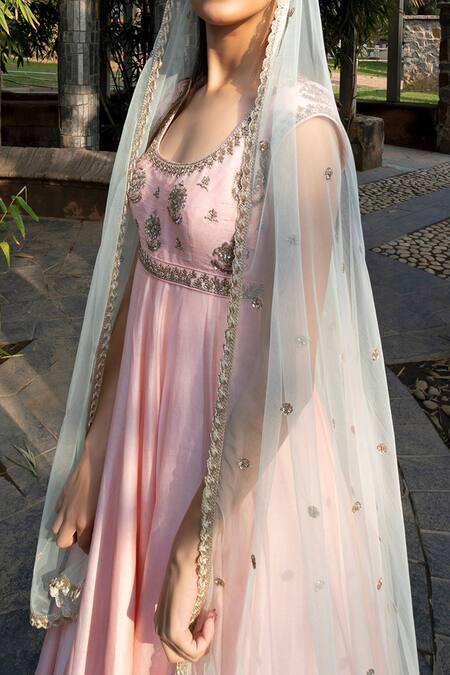 Keerthi Kadire Peach Chanderi Scoop Neck Anarkali With Dupatta Online at Aza Fashions Keerthi Kadire_Peach Chanderi Scoop Neck Anarkali With Dupatta _Online_at_Aza_Fashions