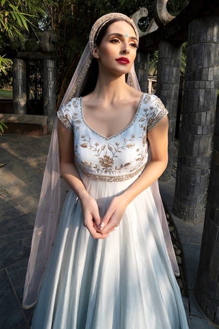 Shop Keerthi Kadire Blue Chanderi V Neck Embroidered Anarkali With Dupatta at Aza Fashions Shop_Keerthi Kadire_Blue Chanderi V Neck Embroidered Anarkali With Dupatta _at_Aza_Fashions