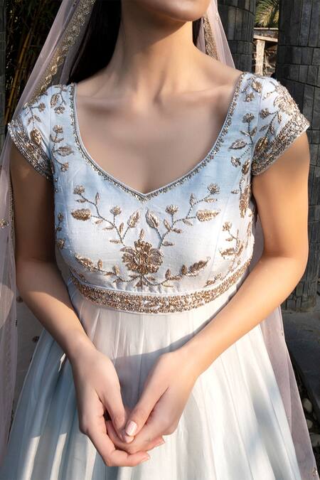 Keerthi Kadire Blue Chanderi V Neck Embroidered Anarkali With Dupatta Online at Aza Fashions Keerthi Kadire_Blue Chanderi V Neck Embroidered Anarkali With Dupatta _Online_at_Aza_Fashions