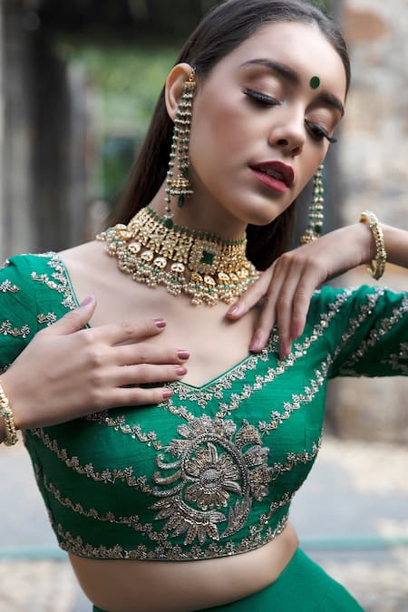 Shop Keerthi Kadire Green Raw Silk, Crepe V Neck Blouse And Lehenga Set at Aza Fashions Shop_Keerthi Kadire_Green Raw Silk, Crepe V Neck Blouse And Lehenga Set _at_Aza_Fashions