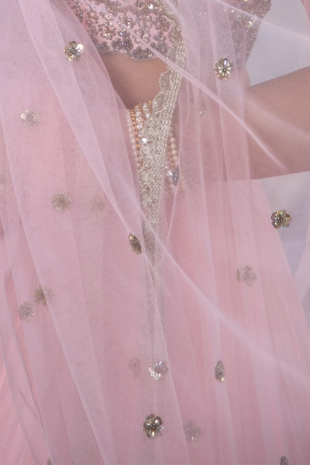 Keerthi Kadire Peach Raw Silk, Crepe Scoop Neck Blouse And Lehenga Set Online at Aza Fashions Keerthi Kadire_Peach Raw Silk, Crepe Scoop Neck Blouse And Lehenga Set _Online_at_Aza_Fashions