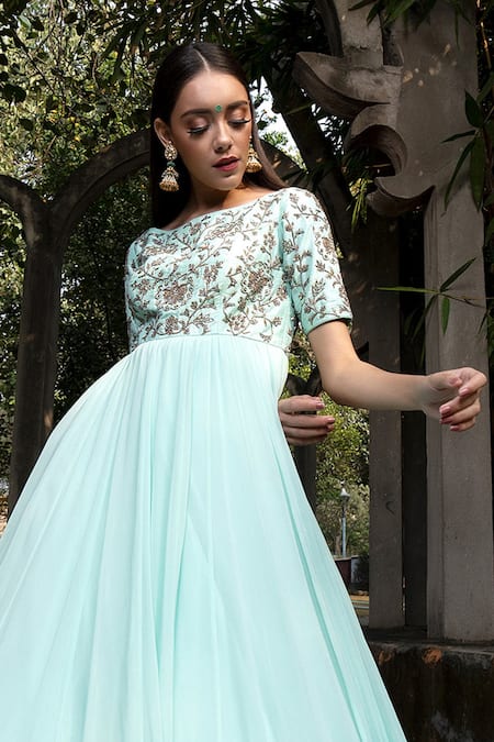 Shop Keerthi Kadire Blue Georgette Boat Embroidered Gown at Aza Fashions Shop_Keerthi Kadire_Blue Georgette Boat Embroidered Gown _at_Aza_Fashions