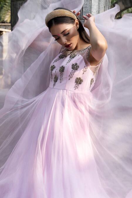 Keerthi Kadire Pink Organza Boat Embroidered Gown Online at Aza Fashions Keerthi Kadire_Pink Organza Boat Embroidered Gown _Online_at_Aza_Fashions