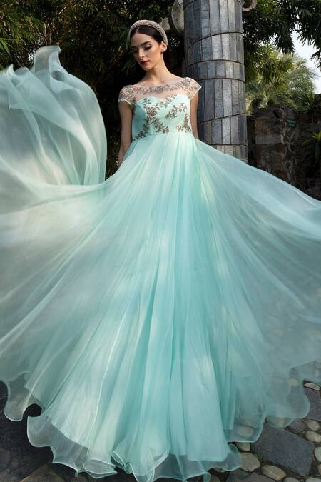 Keerthi Kadire Blue Raw Silk, Organza Boat Embroidered Gown 