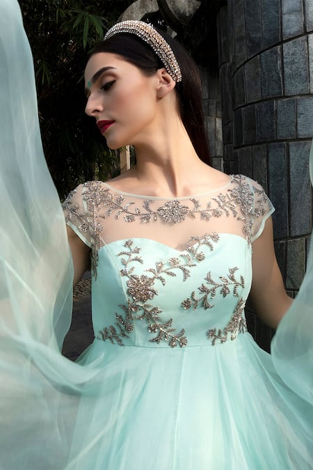 Shop Keerthi Kadire Blue Raw Silk, Organza Boat Embroidered Gown at Aza Fashions Shop_Keerthi Kadire_Blue Raw Silk, Organza Boat Embroidered Gown _at_Aza_Fashions