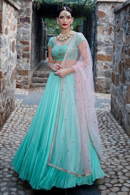 Keerthi Kadire Green Raw Silk, Crepe Scoop Neck Blouse And Lehenga Set 