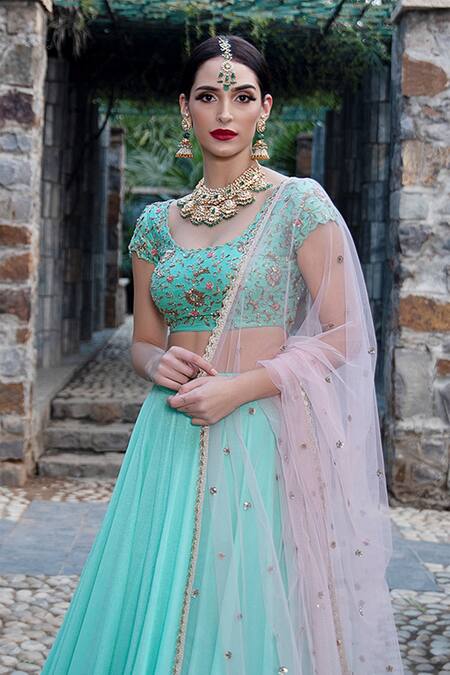Keerthi Kadire Green Raw Silk, Crepe Scoop Neck Blouse And Lehenga Set Online at Aza Fashions Keerthi Kadire_Green Raw Silk, Crepe Scoop Neck Blouse And Lehenga Set _Online_at_Aza_Fashions