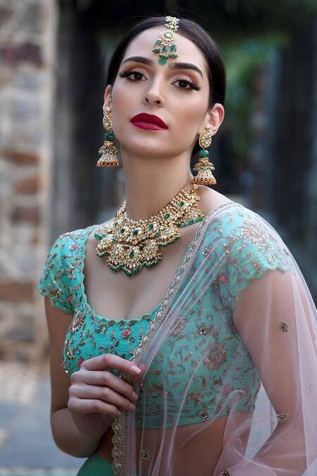 Buy Keerthi Kadire Green Raw Silk, Crepe Scoop Neck Blouse And Lehenga Set Online at Aza Fashions Buy_Keerthi Kadire_Green Raw Silk, Crepe Scoop Neck Blouse And Lehenga Set _Online_at_Aza_Fashions