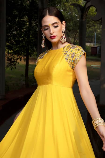 Keerthi Kadire Yellow Raw Silk Boat Flared Gown Online at Aza Fashions Keerthi Kadire_Yellow Raw Silk Boat Flared Gown _Online_at_Aza_Fashions