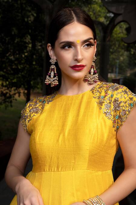 Buy Keerthi Kadire Yellow Raw Silk Boat Flared Gown Online at Aza Fashions Buy_Keerthi Kadire_Yellow Raw Silk Boat Flared Gown _Online_at_Aza_Fashions