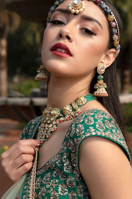 Shop Keerthi Kadire Green Raw Silk, Net Scoop Neck Embroidered Bridal Lehenga Set at Aza Fashions Shop_Keerthi Kadire_Green Raw Silk, Net Scoop Neck Embroidered Bridal Lehenga Set _at_Aza_Fashions