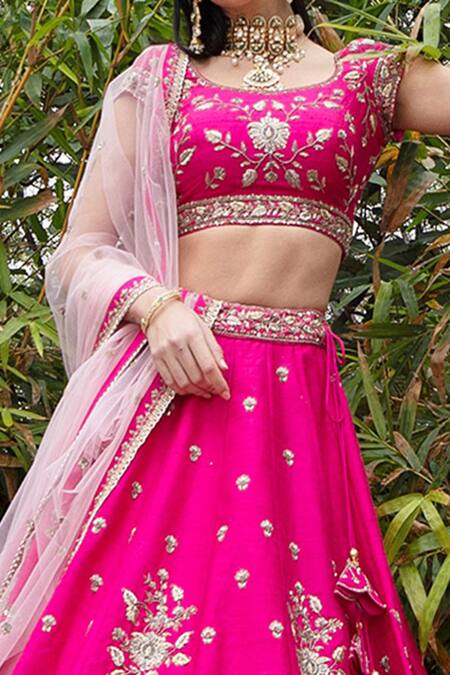 Keerthi Kadire Pink Raw Silk, Net Scoop Neck Embroidered Bridal Lehenga Set Online at Aza Fashions Keerthi Kadire_Pink Raw Silk, Net Scoop Neck Embroidered Bridal Lehenga Set _Online_at_Aza_Fashions