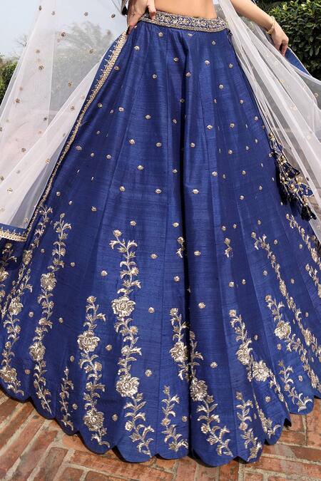 Buy_Keerthi Kadire_Blue Raw Silk, Net Scoop Neck Embroidered Bridal Lehenga Set _Online_at_Aza_Fashions