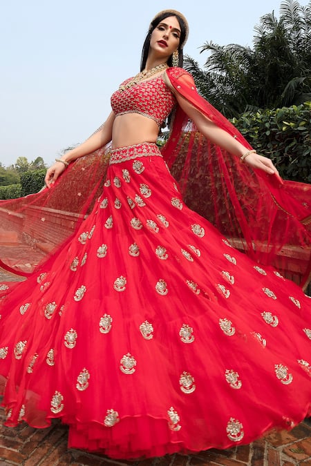 Keerthi Kadire Red Raw Silk, Organza Scoop Neck Embroidered Bridal Lehenga Set 