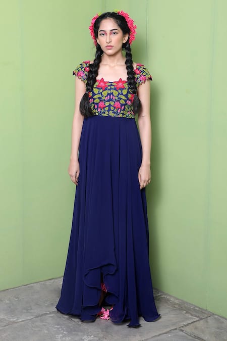 Keerthi Kadire Blue Embroidery Square Neck Asymmetric Gown