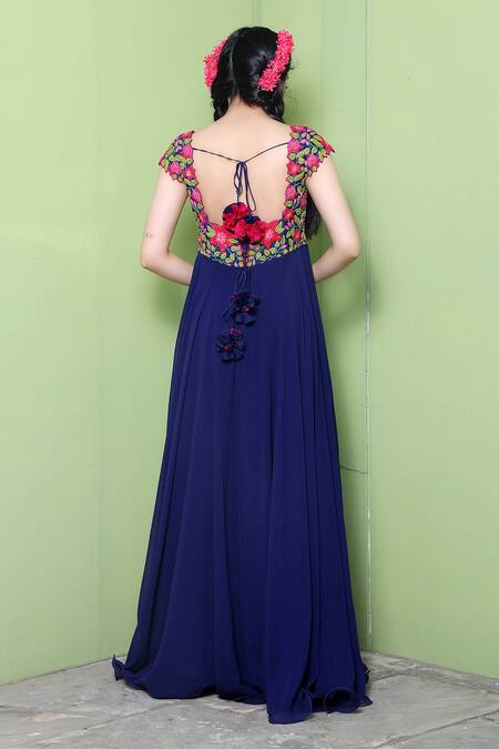 Shop Keerthi Kadire Blue Embroidery Square Neck Asymmetric Gown at Aza Fashions Shop_Keerthi Kadire_Blue Embroidery Square Neck Asymmetric Gown _at_Aza_Fashions