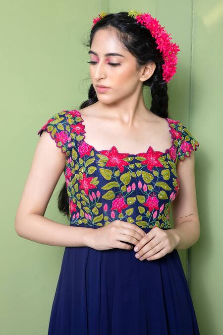 Shop Keerthi Kadire Blue Embroidery Square Neck Asymmetric Gown Online at Aza Fashions Shop_Keerthi Kadire_Blue Embroidery Square Neck Asymmetric Gown _Online_at_Aza_Fashions