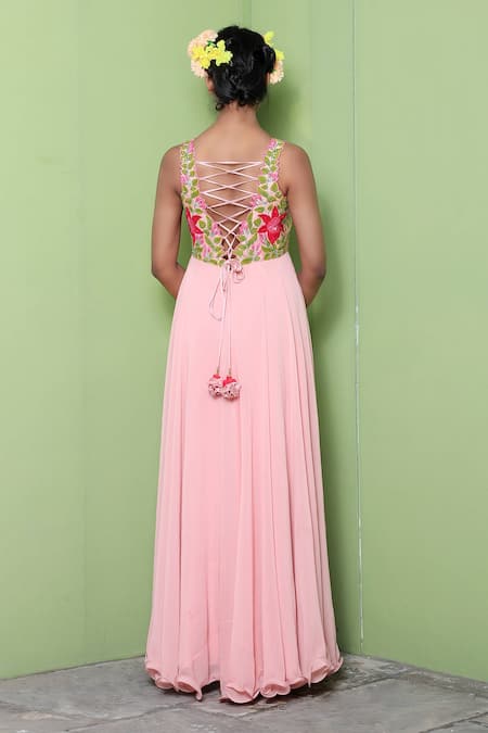 Shop Keerthi Kadire Peach Embroidery V Neck Asymmetric Gown at Aza Fashions Shop_Keerthi Kadire_Peach Embroidery V Neck Asymmetric Gown _at_Aza_Fashions