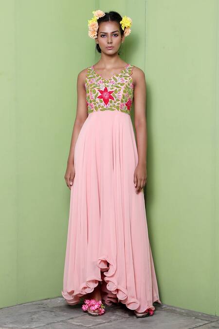 Keerthi Kadire Peach Embroidery V Neck Asymmetric Gown Online at Aza Fashions Keerthi Kadire_Peach Embroidery V Neck Asymmetric Gown _Online_at_Aza_Fashions