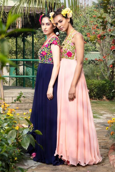 Shop Keerthi Kadire Peach Embroidery V Neck Asymmetric Gown Online at Aza Fashions Shop_Keerthi Kadire_Peach Embroidery V Neck Asymmetric Gown _Online_at_Aza_Fashions