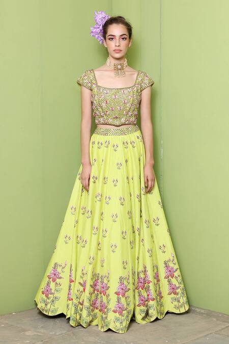 Keerthi Kadire_Green Raw , Dola Square Neck Embroidered Blouse And Lehenga Set _Online_at_Aza_Fashions