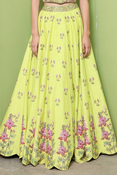 Shop_Keerthi Kadire_Green Raw , Dola Square Neck Embroidered Blouse And Lehenga Set _Online_at_Aza_Fashions