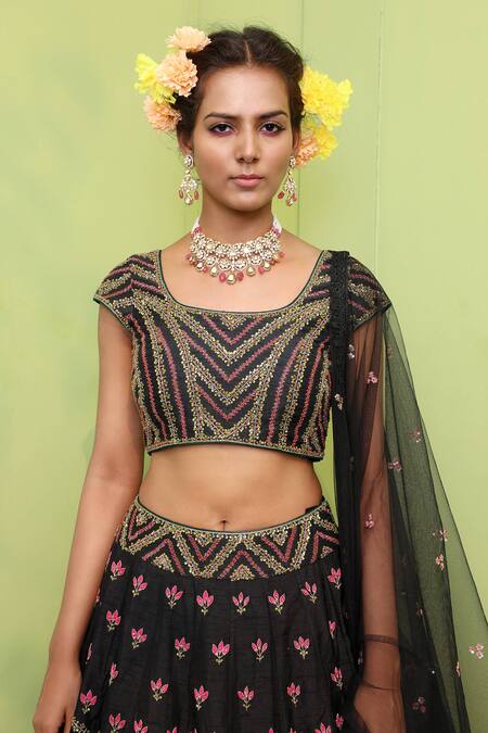 Shop Keerthi Kadire Black Raw , Net, Dola Round Embroidered Lehenga Set Online at Aza Fashions Shop_Keerthi Kadire_Black Raw , Net, Dola Round Embroidered Lehenga Set _Online_at_Aza_Fashions