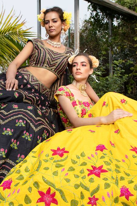 Keerthi Kadire_Yellow Raw , Dola Square Neck Embroidered Blouse And Lehenga Set _Online_at_Aza_Fashions