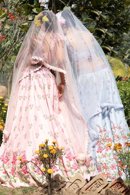 Shop_Keerthi Kadire_Blue Raw , Net, Dola Sweetheart Neck Embroidered Bridal Lehenga Set _Online_at_Aza_Fashions