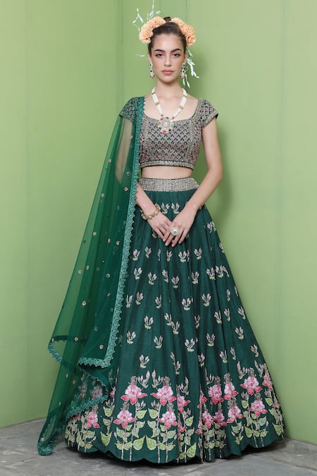 Keerthi Kadire_Green Raw , Net, Dola Round Embroidered Bridal Lehenga Set _Online_at_Aza_Fashions