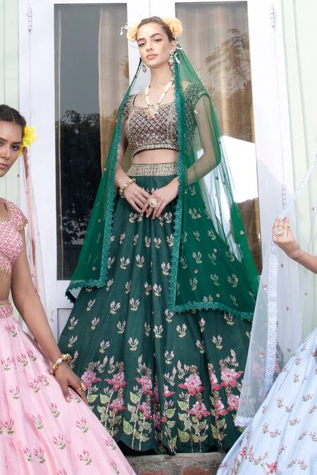 Buy_Keerthi Kadire_Green Raw , Net, Dola Round Embroidered Bridal Lehenga Set _Online_at_Aza_Fashions