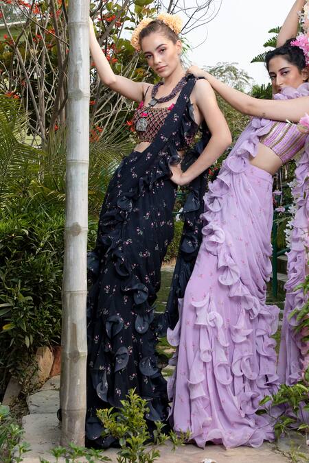 Keerthi Kadire_Black Raw Silk, Georgette Square Neck Pre-draped Ruffle Saree With Blouse _Online_at_Aza_Fashions