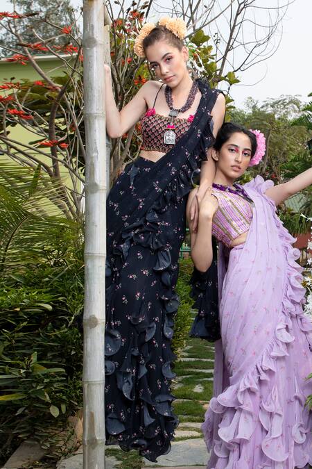 Buy_Keerthi Kadire_Black Raw Silk, Georgette Square Neck Pre-draped Ruffle Saree With Blouse _Online_at_Aza_Fashions