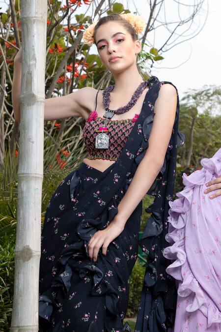 Shop_Keerthi Kadire_Black Raw Silk, Georgette Square Neck Pre-draped Ruffle Saree With Blouse _Online_at_Aza_Fashions