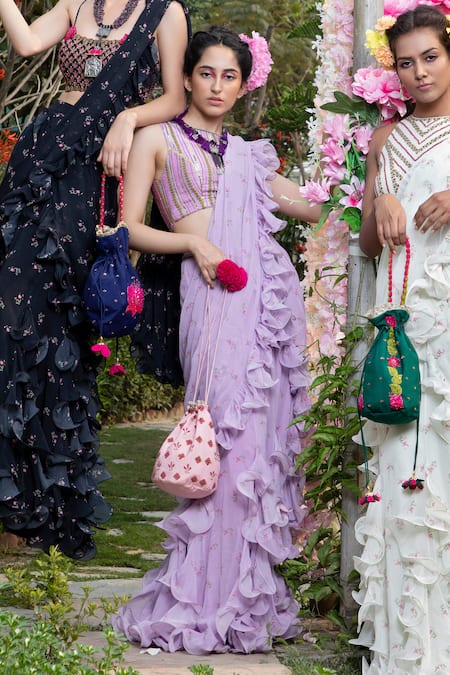 Keerthi Kadire_Purple Raw Silk, Georgette Round Pre-draped Ruffle Saree With Blouse _Online_at_Aza_Fashions