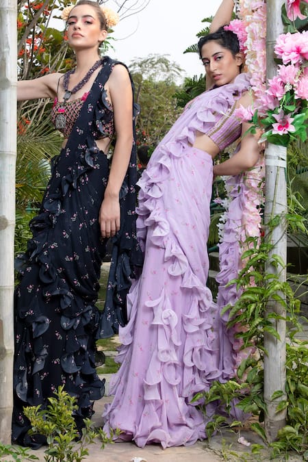 Buy_Keerthi Kadire_Purple Raw Silk, Georgette Round Pre-draped Ruffle Saree With Blouse _Online_at_Aza_Fashions