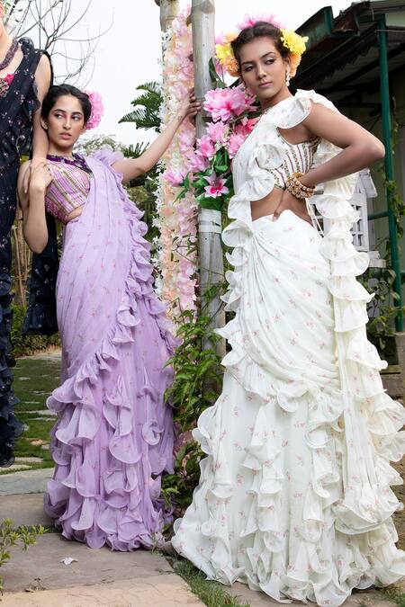Keerthi Kadire_White Raw Silk, Georgette Round Pre-draped Ruffle Saree With Blouse _Online_at_Aza_Fashions
