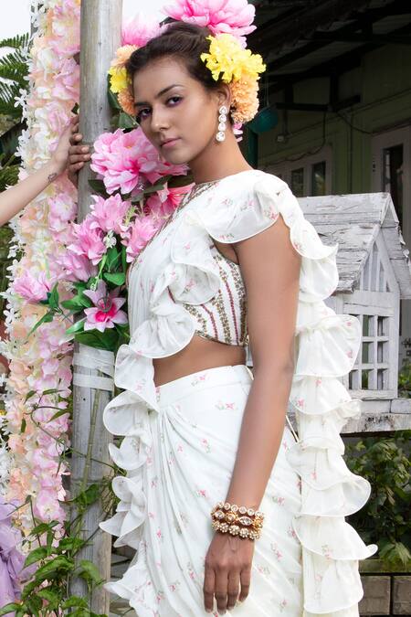 Buy_Keerthi Kadire_White Raw Silk, Georgette Round Pre-draped Ruffle Saree With Blouse _Online_at_Aza_Fashions