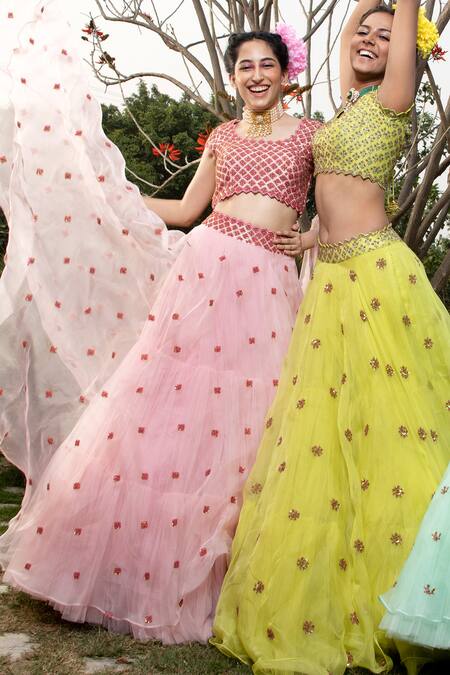 Buy_Keerthi Kadire_Peach Raw Silk, Organza Round Embroidered Bridal Lehenga Set _Online_at_Aza_Fashions