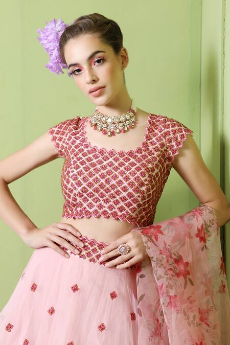 Shop_Keerthi Kadire_Peach Raw Silk, Organza Round Embroidered Bridal Lehenga Set _Online_at_Aza_Fashions