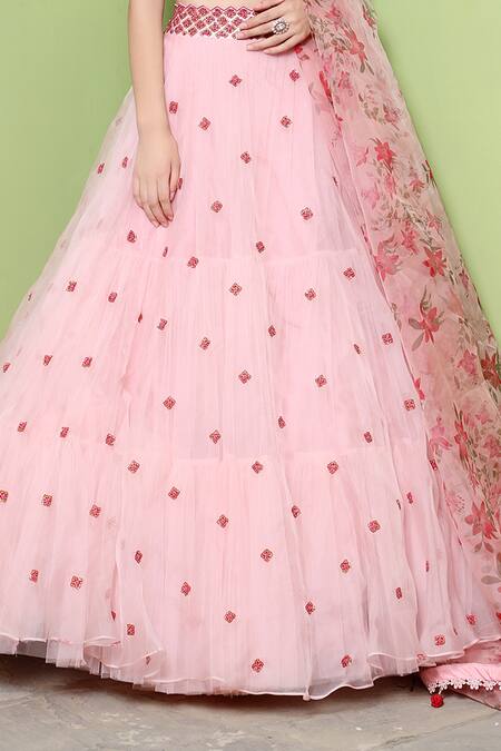Keerthi Kadire_Peach Raw Silk, Organza Round Embroidered Bridal Lehenga Set _at_Aza_Fashions